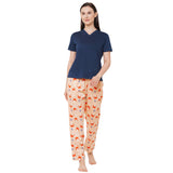 CASA DE NEENEE V-neck Navy Blue Half Sleeves T-shirt with Crab Peach printed Pyjama Set, M