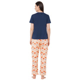 CASA DE NEENEE V-neck Navy Blue Half Sleeves T-shirt with Crab Peach printed Pyjama Set, M