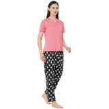 CASA DE NEENEE V-neck Pink Half Sleeves T-shirt with Ghost Black printed Pyjama Set, M