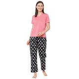 CASA DE NEENEE V-neck Pink Half Sleeves T-shirt with Ghost Black printed Pyjama Set, M