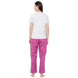CASA DE NEENEE V-neck Light Grey Half Sleeves T-shirt with Space Wine printed Pyjama Set, M
